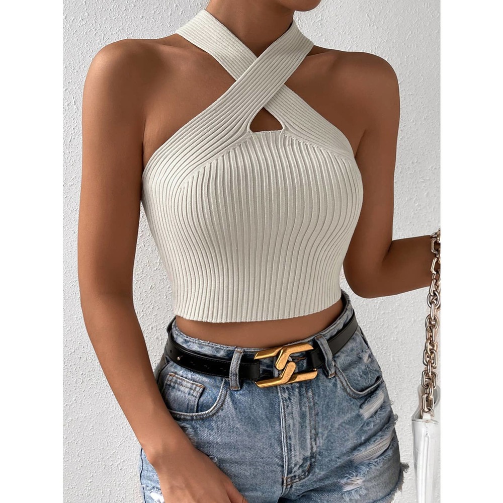 High neck ribbed knit Crisscross Halter Knit crop Top y2k cream - Picture 2 of 8